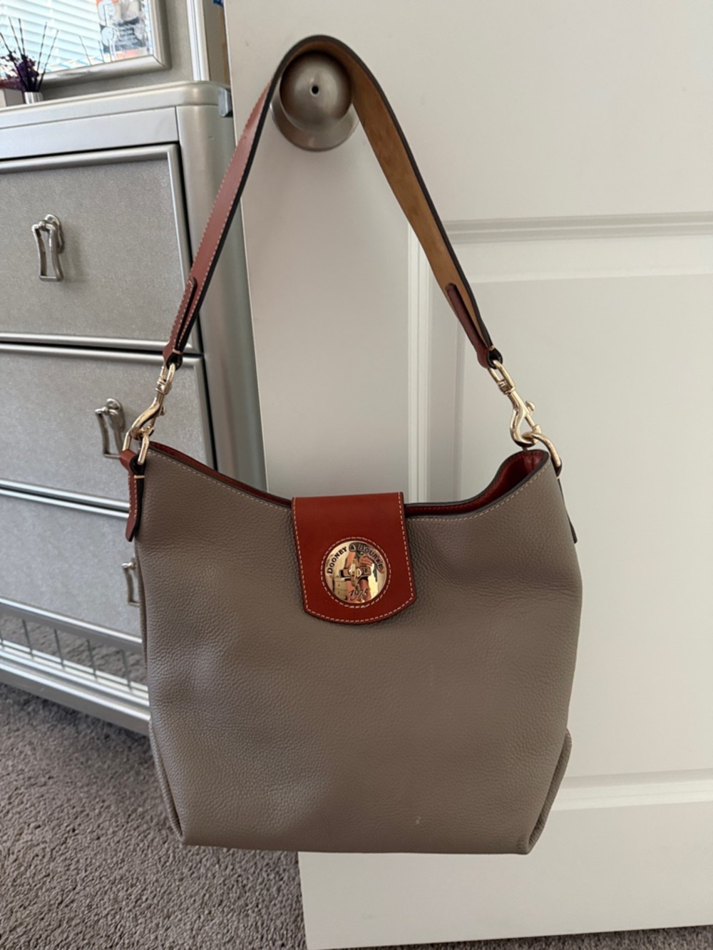 Dooney & Bourke Gray Pebbled Leather Hobo with Brown Trim and Strap